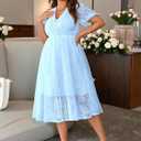 EYWOL Plus Size Wedding Guest Dress: Cocktail Dresses for Women - Brunch Dress with Sleeves - A Line Elegant Party Prom Blue (Blue, XXL)