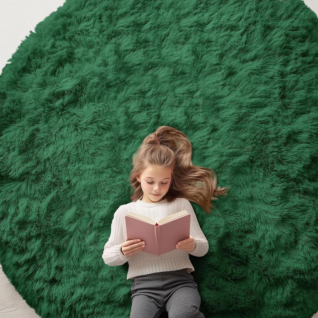 OLANLY Dark Green Round Rugs for Bedroom - Machine Washable, 8 ft Circle Area Rugs for Living Room, Soft and Fluffy Shaggy Carpet for Teen Girls and Boys, Nursery Rooms, Dorms, Home Decor Aesthetic