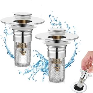 2 Pack Bathroom Sink Stopper for 1.06-1.50in, Universal Drain Filter with Hair Strainer, Universal Bathroom Sink Drain Pop Up Stopper for US Stainless Steel Floor Drain Filter