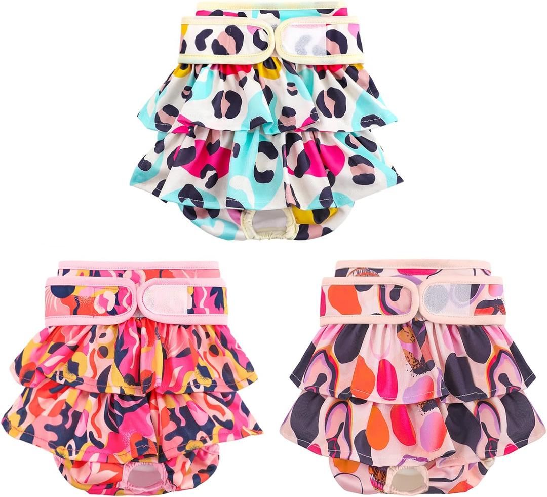 Washable Dog Diapers Female 3 Pack Reusable Premium Highly Absorbent Doggie Diaper, Flexible Puppy Diaper, Durable Leak-Proof Leopard Dog Diapers for Period Heat Incontinence Puppy Training, XS