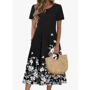 Zeagoo Womens Casual Dresses for Summer Short Sleeve Flare Midi Dress Loose Beach Sundress Pleated Front Dress with Pockets, XXL