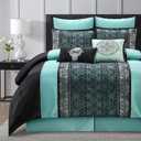 Queen Size Comforter Set, Aqua Black, Traditional Jacquard Woven with Embroidery, 8 Pieces Bedding Set with Bed Skirt, Shams, and Decorative Pillows