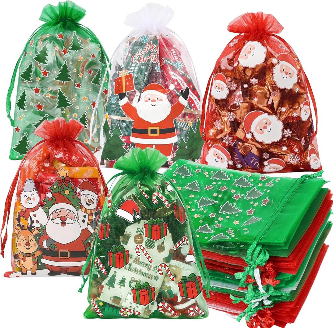 HRX Package 50pcs Organza Bags Xmas Pattern, 4x6 inch Small Christmas Gift Bags Mesh Candy Jewelry Pouches