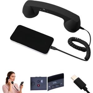 Retro Phone Handset,2026 New Retro Phone Handset for Phone,Type-C Retro Telephone Wired Handsets Style Landline Handle Receiver for Cell Mobile Video Conferences,Calls,Meetings (Black)