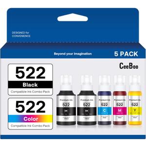 CEEBOO 522 Refill Ink Replacement for Epson 522 (Not Sublimation) - 2 Black 140 mL, 1 Cyan, 1 Magenta, 1 Yellow 80 mL, 5 Bottles