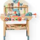 Wooden Power Tool Workbench for Kids, Building Tools Sets Pretend Play Toys - Construction Workbench with Wrench, Screwdriver, Miter Saw and Hammer - Educational Gift for Toddlers Age 3 and Up