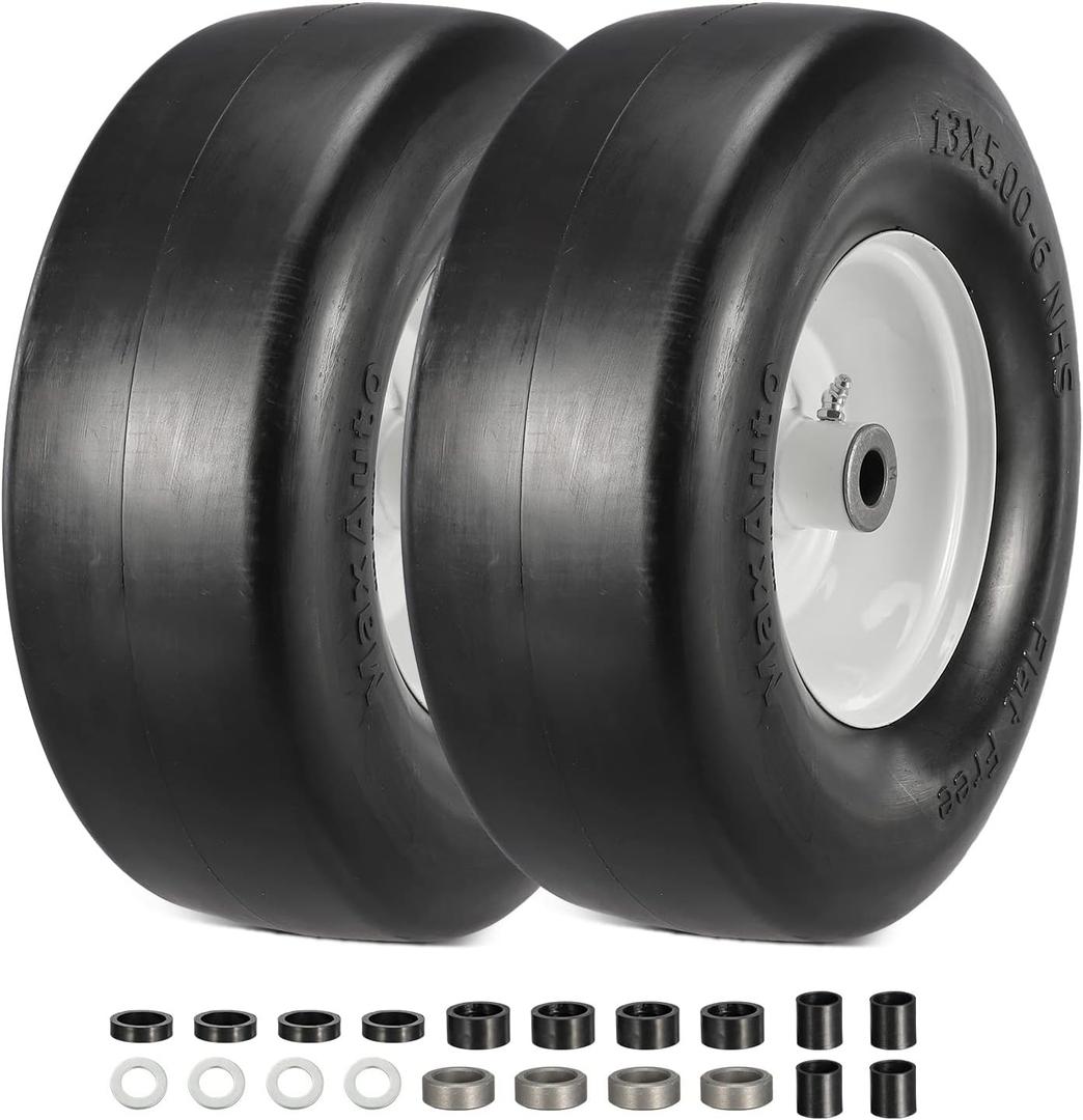 MaxAuto 13x5.00-6 Flat Free Tire and Wheel Tubeless, 2-Pack 13x5x6 Lawn Mower Tires 13x5-6 Solid Smooth Tire for Riding Lawn Mower, 3.25" Centered Hub and 3/4" Bushing, NOT Bearing