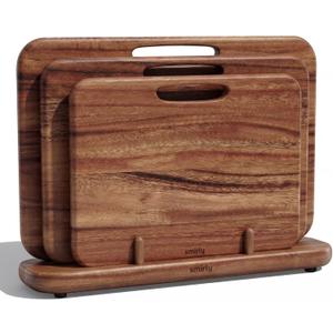 SMIRLY Wooden Cutting Boards for Kitchen, Double-Sided Cutting Board with Handle, Heavy Duty Solid Walnut Wood Cutting Board Set with Stand, 3 Pcs Cutting Boards Non Toxic for Meat Vegetable Fruit