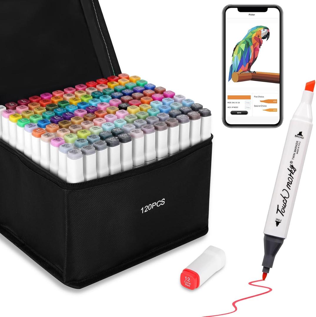 120 Colors Alcohol Markers with Free App, Chisel Tip and Fine Tip, Dual Tip Alcohol-Based Marker set for Artist Adults, Art Markers for Painting, Coloring, Sketching and Drawing, Great Gift Idea