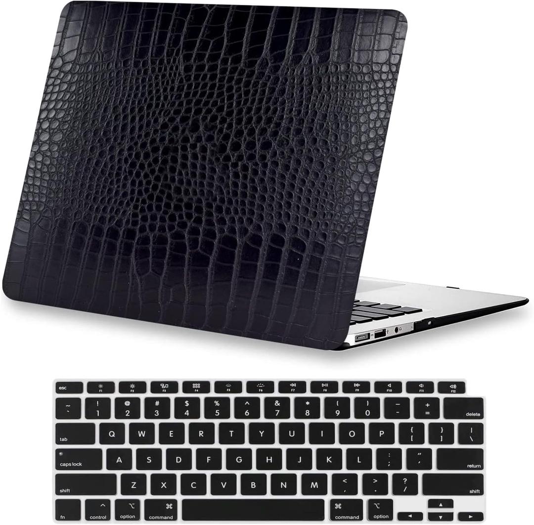KEROM Compatible with Crocodile MacBook Air 13 inch Case 2021 2020 2019 2018 M1 A2337 A2179 A1932, Textured Elegant Luxury Aligator Skin Snakeskin PU Leather Hard Shell & Keyboard Cover, Black