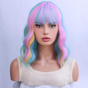 Rainbow Wigs for Women Short Curly Wavy Multi Color Wig for Girls Short Bob Wig With Bangs Heat Resistant Synthetic Wigs for Cosplay Costume Party (Colorful Wig)