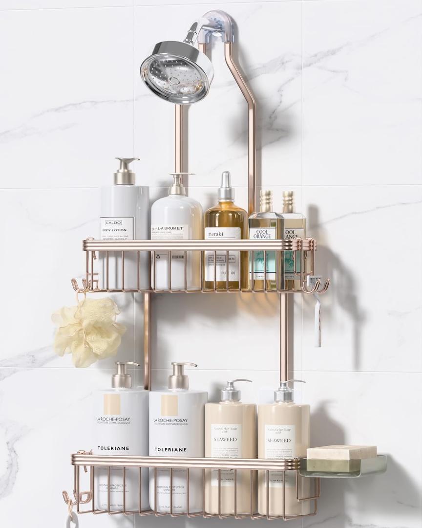 YASONIC Shower Caddy Hanging, Never Rust Shower Organizer Hanging, Aluminum Shower Racks for Inside Shower with Hooks for Razor, Bathroom Organizers and Storage with Soap Holder, Rose Gold