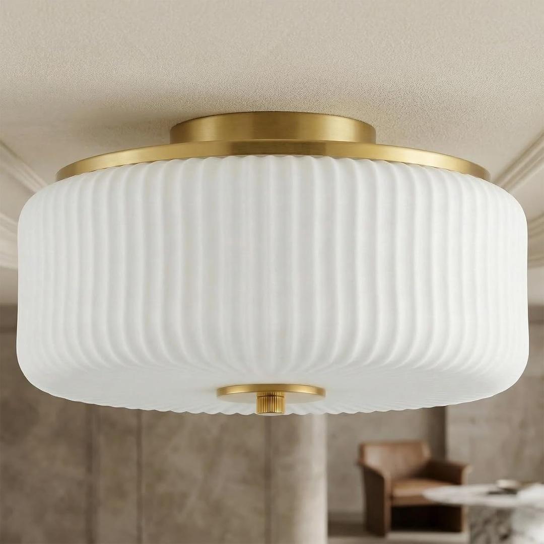 3-Light Gold Flush Mount Ceiling Light, 11.8" Modern Schoolhouse Light Fixtures Ceiling Mount with Ribbed Opal White Glass Shade, Anti-Glare Close to Ceiling Lamp for Bedroom Kitchen Hallway Entryway, 11.8inch Full Flush