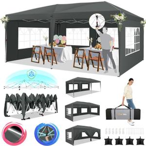 HOTEEL 10x20 Pop Up Canopy Tents for Parties with 6 Sidewalls & 8 Wind-Resistant Rods & Carry Bag, Outdoor Tent Easy Setup for Wedding, Patio Events, Commercial, Waterproof and UV50+ Protection,Grey (Gray)