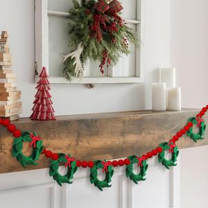 Peryiter 6.6 ft Wool Felt Christmas Garland with Wool Green Wreath Red Pompom Ball Garland Red Green Xmas Hanging Felt Banner for Christmas Holiday Fireplace Mantel Door Table Furnace Home Decoration