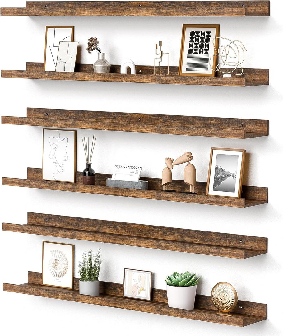 Upsimples Floating Shelves for Wall, 35.5 Inch Shelves for Decor Storage Set of 6, Wall Mounted Wood Shelf for Bedroom, Living Room, Bathroom, Kitchen, Long Picture Ledge Shelves, Brown