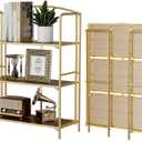 Crofy No Assembly Folding Bookshelf for Living Room, 3 Tier Gold Collapsible Book Shelf for Home Office, Portable Bookcase Storage Organizer, 3 Tier Wider