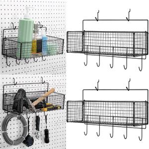 Shimeyao 2 Pcs Pegboard Accessories Set Including 2 Pegboard Baskets Bins with 5 Hooks 4 extra Hooks Black Metal Wire Basket Wall Mount Organizer for Workbench Garage Storage Attachments