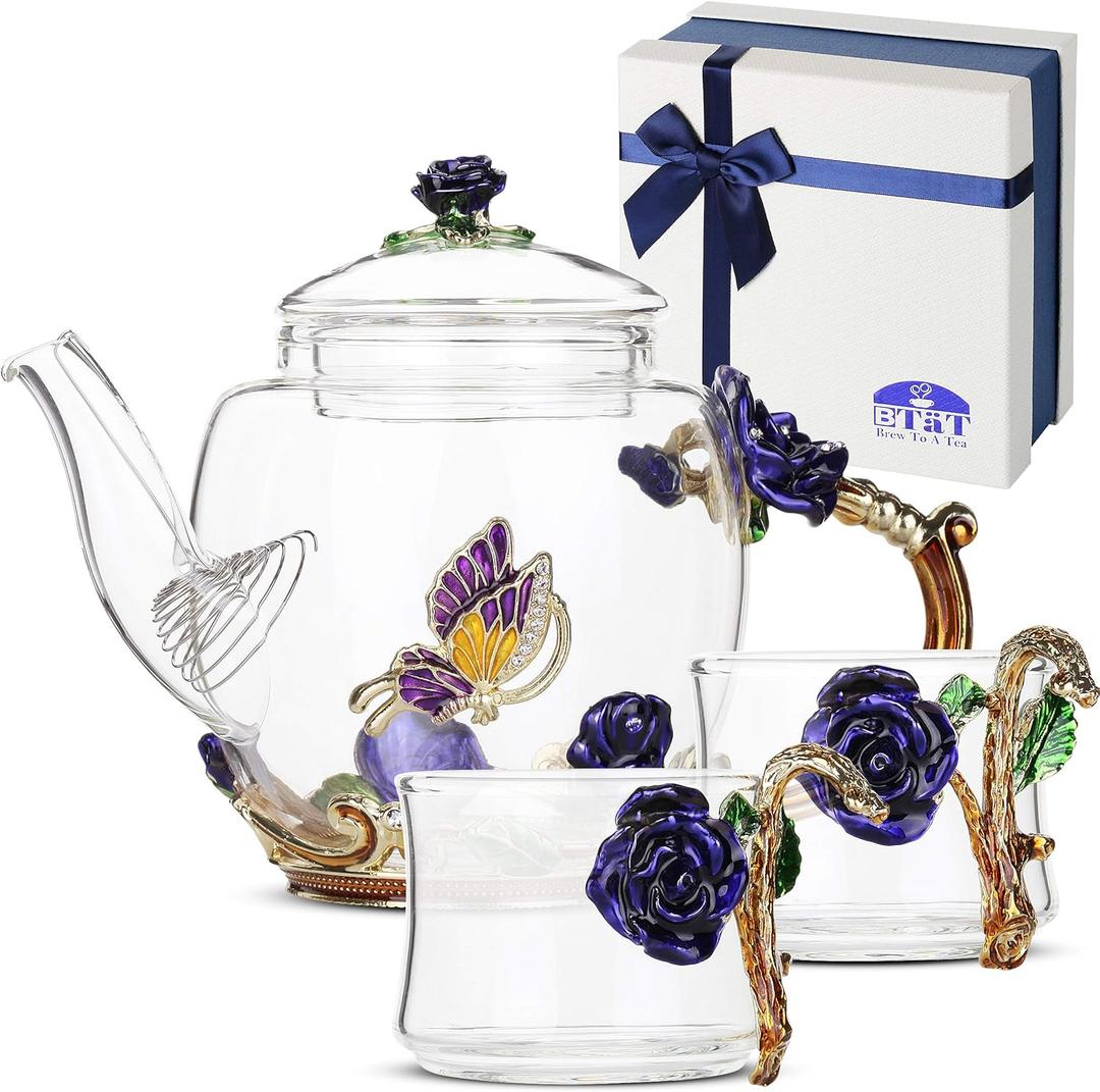 BTaT- Floral Glass Tea Set for Adults, Service for 2, Fancy Glass Pot(8 oz) & Cups(2 oz), Blue Butterfly & Flower Design with Gift Box, Tea Pot Sets for Women Gift, Chrisrmas Gifts