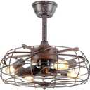 Asyko 20'' Caged Ceiling Fans with Lights, Farmhouse Bladeless Ceiling Fan with Remote Control, Rustic Vintage Industrial Ceiling Fan Light Kit for Indoor/Outdoor, Rust Color