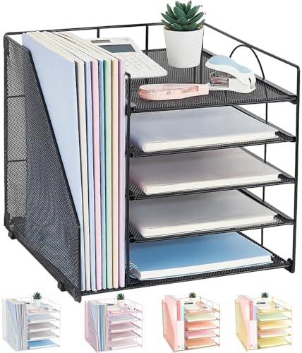 LEKETREE Desk Organizers and Accessories, 5-Tier Paper Letter Tray Organizer with File Holder, Desktop Organizer for Office Supplies (Black)