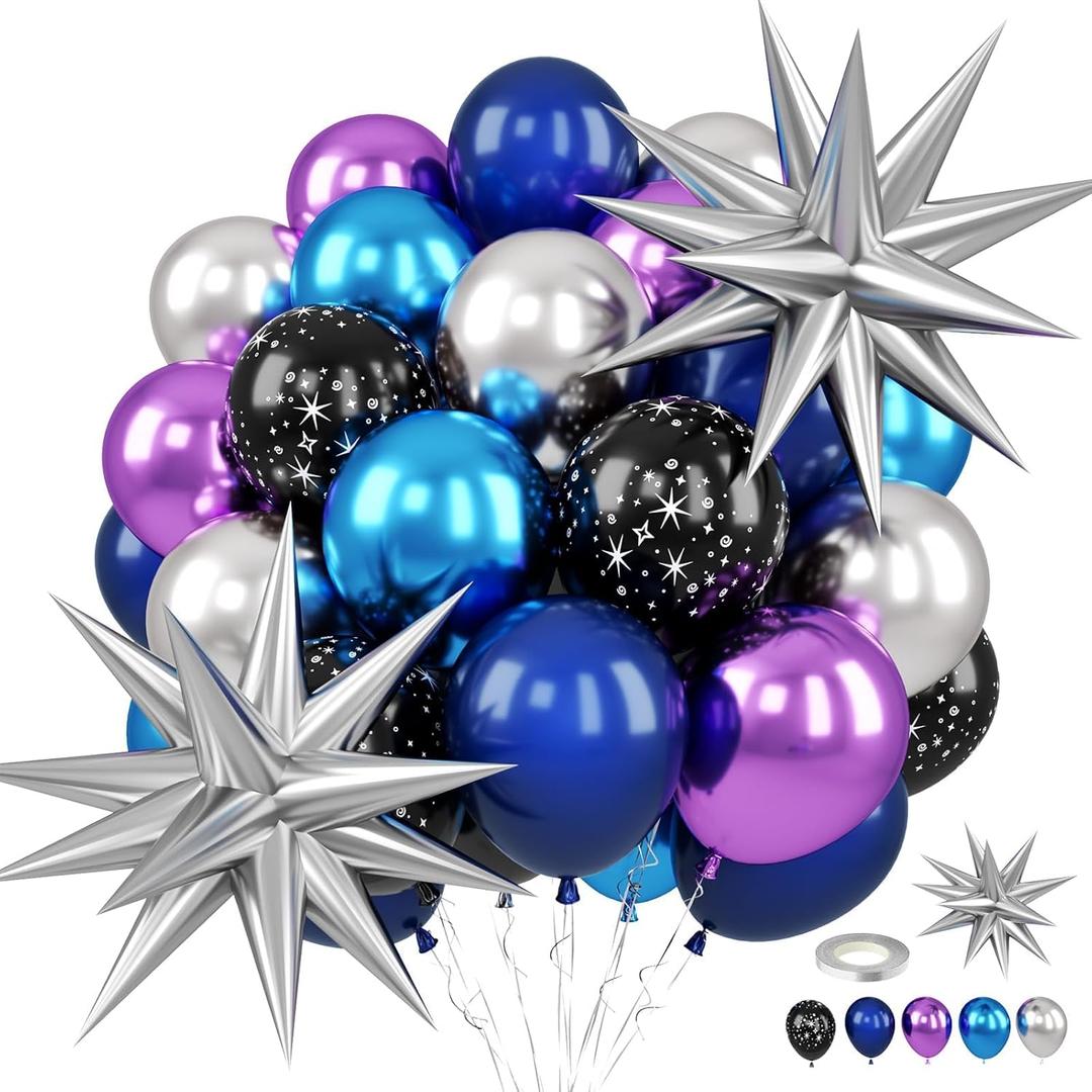 Galaxy Space Balloons, 12 Inch Navy Blue Metallic Blue Purple Silver Black Star Print Balloons with Silver Star Foil Balloons for Boys Astronaut Space Birthday Party Decoration