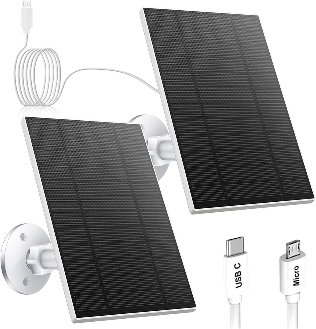 2PC 5W Solar Panel for Security Camera, Solar Panel with Micro USB & USB-C Port for DC 5V Outdoor Rechargeable Battery Camera, IP65 Waterproof, 360 Adjustable Security Mount, 9.8ft Cable