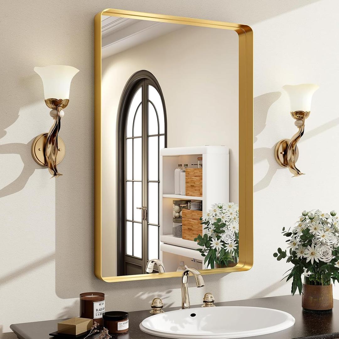 Easly 36 x 24 Inch Gold Bathroom Mirror for Wall,Aluminum Alloy Frame Rectangular Wall Mounted Mirror for Farmhouse Decor Horizontal or Vertical Ideal for Bedroom, Living Room