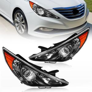 Headlights Assembly for 2011 2012 2013 2014 Hyundai Sonata (Excludes Hybrid) Replacement Halogen Headlamp Driver &Passenger Side,Black Housing Amber Corner