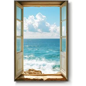 Framed Window Beach Scene Wall Art, Blue Ocean Vertical Coastal Canvas Painting Prints, Summer Seascape Wave Artworks for Living Room Entryway Hallway Office Wall Decor, 24x36 Inch