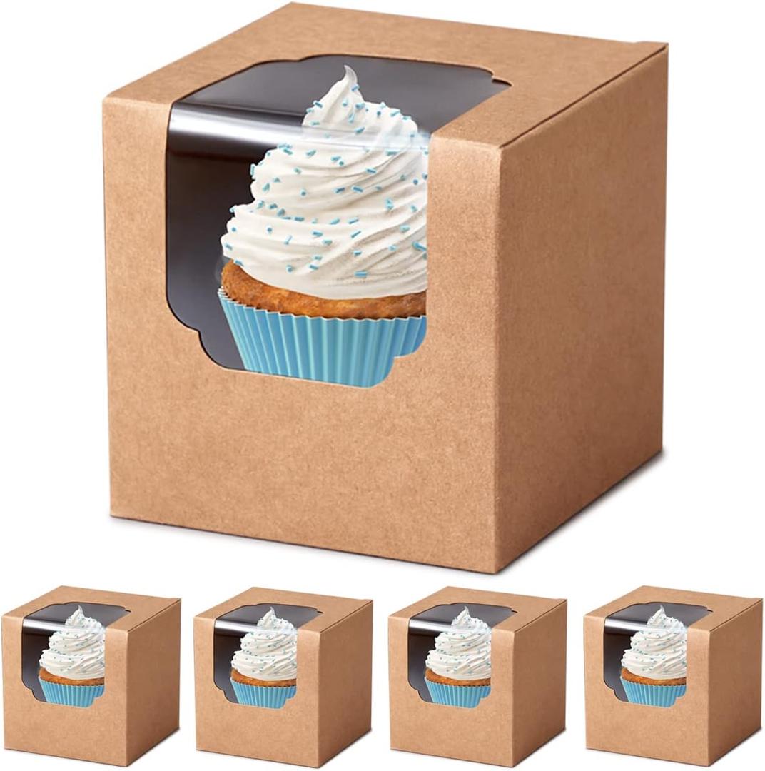 100 Pcs Kraft Brown Cupcake Boxes Individual Bulk Paper Cupcake Containers Single with Insert and Window, Pop up Cookie Boxes and Cocoa Bombs Boxes Packaging for Bakery Gift Giving (Auto-Folding Kraft)