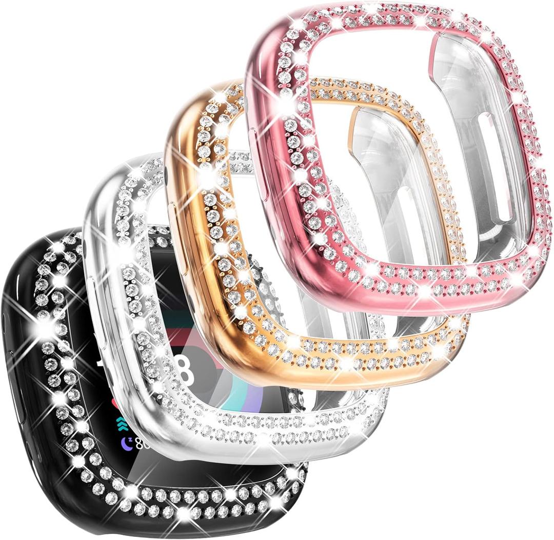 CHANCHY 4 Pack Compatible with Fitbit Versa 4 Screen Protector Case, Soft TPU Full Protective Case Cover Bumper Bling Crystal Diamond Frame for Fitbit Versa 4 Smart Watch, Rose Gold/Pink/Silver/Black