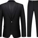 LORENZO BRUNO Mens Suit 2 Piece Black Suits for Men One Button Slim Fit Solid Jacket & Pants Tuxedo Set Business Wedding Party, Black, XL
