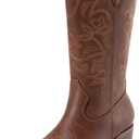 DREAM PAIRS Cowboy Boots for Women Cowgirl Western Boots Fashion Embroidery Stitched Chunky Heel Mid Calf Boots (9.5 Wide, Brown-pu)