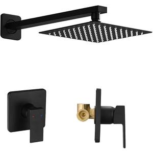 Matte Black Shower Faucet Set, Single Function Shower Trim Kit with Rough-in Valve, Square Rain Shower Head System Included Extra Long Shower Arm for Bathroom