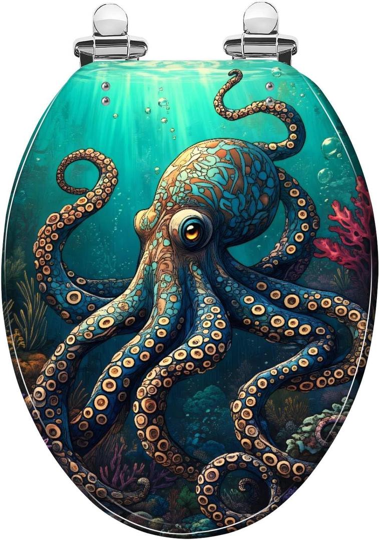 Elongated Toilet Seat Teal Blue Ocean Octopus Coral Reefs Art Resin Toilet Seat Easy to Install Quietly Close Quick Release Hinges Decorative Toilet Seat with Cover