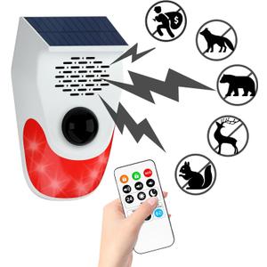 PILSAMAS Solar Motion Sensor Alarm with Custom Voice Upload - 120dB Loud Noise Maker & Strobe Lights, Remote Control, IP65 Waterproof for Deer/Bear Deterrent, Chicken Coop Security, Pool Safety Alerts
