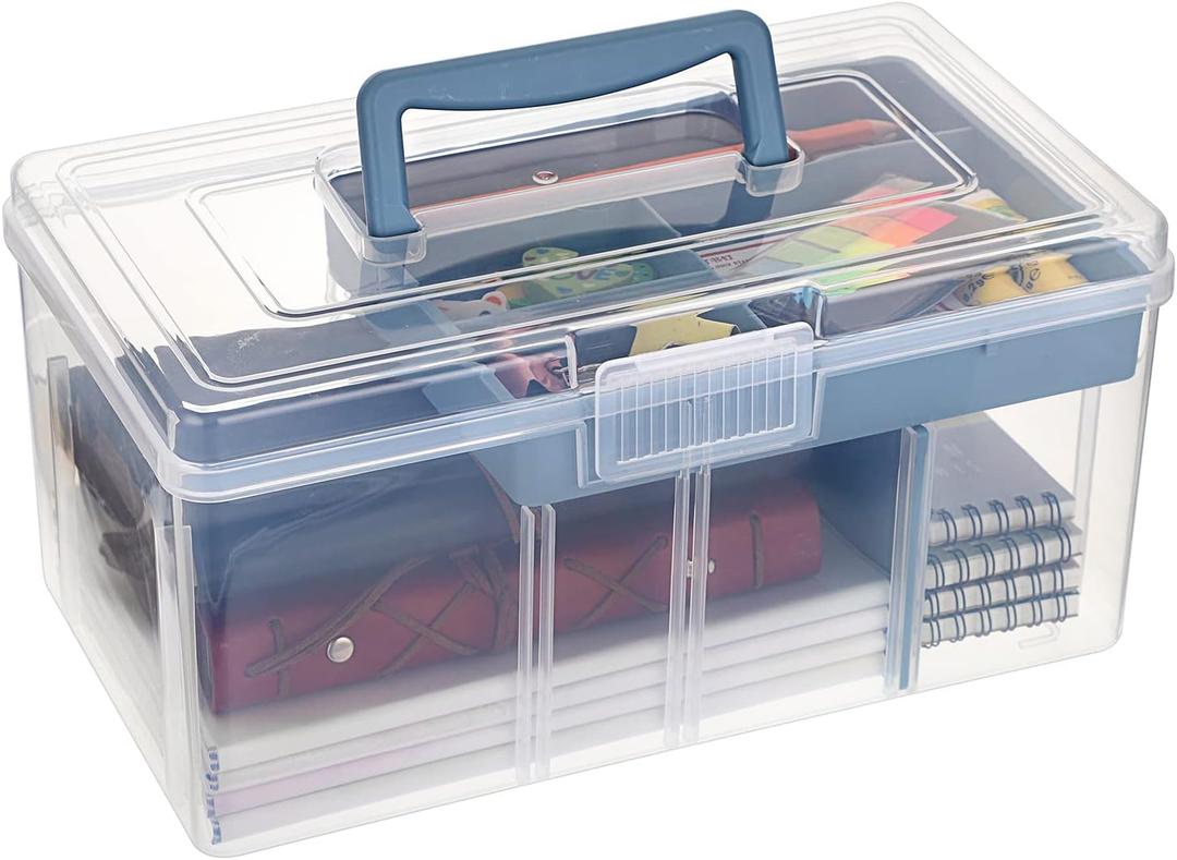 BTSKY 2 Layer Clear Plastic Dividing Storage Box with Removable Tray Multipurpose Stationery Storage Box with Handle Portable Sewing Box Art Craft Supply Organizer Home Utility Box (Big Blue)