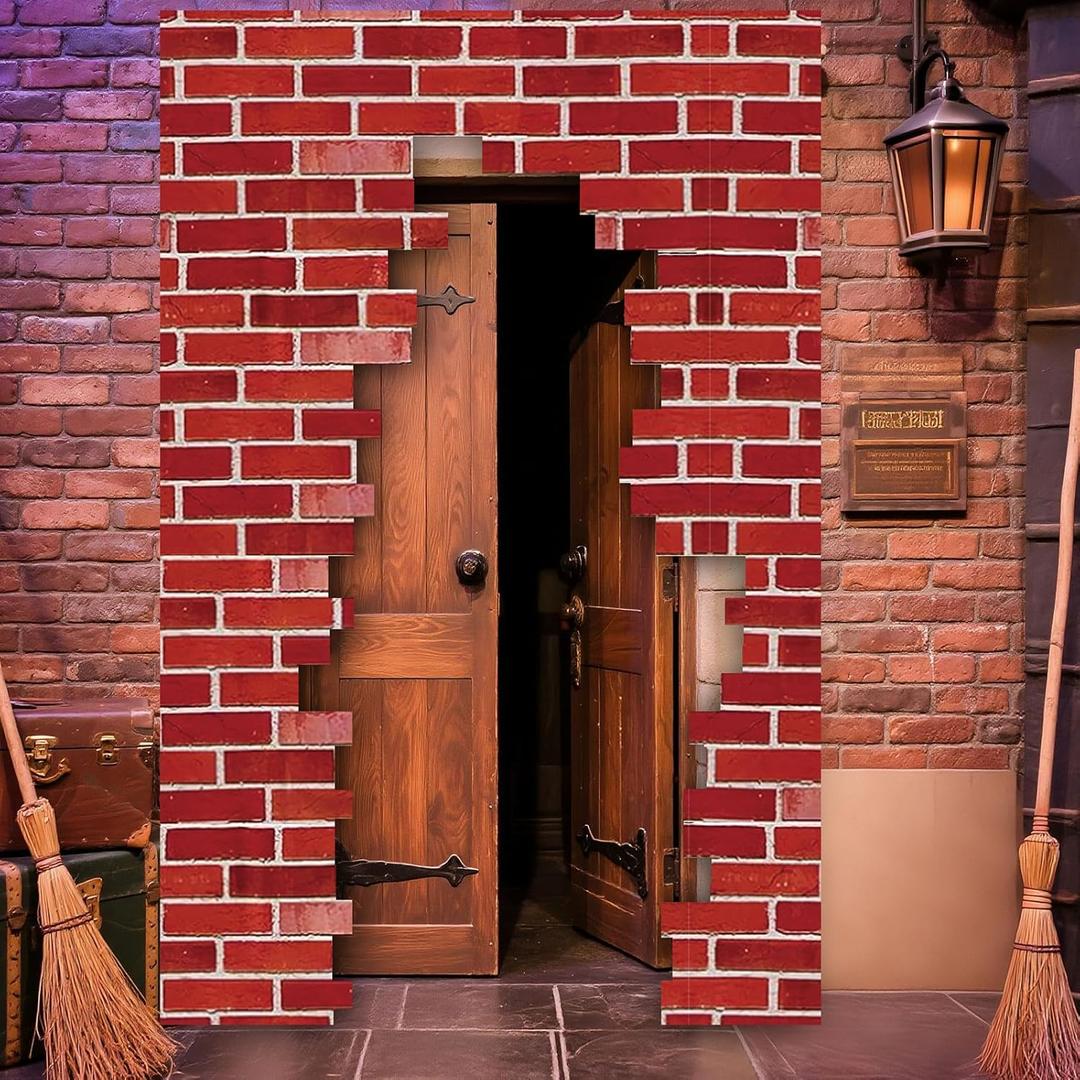 Preboun 78.7" x 47.2" Wizards Door Banner Signs Magical Wizard Door Banner Sign Red Brick Wall Backdrop Decorations Christmas Hanging Porch Backdrop for Christmas Birthday Party Supplies(Classic)