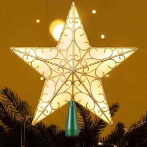 Nuanchu Christmas Star Tree Topper 10.4 x 9.4 Inch Large 3D Glitter Topper Ornament Metal Hollowed with 20 LED Lights Vintage Xmas Reflector Treetop New Year Holiday Indoor Decor(Gold)