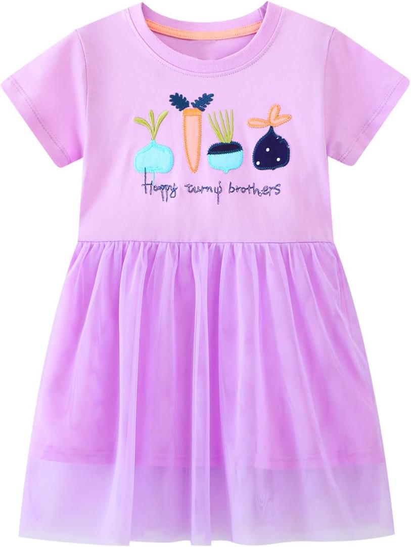 Toddler Girls Cotton Embroidery Applique Short Sleeve Dresses 2-7Y (Purple)