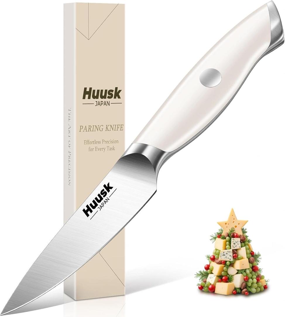 Huusk Paring Knife Ultra Sharp, 3.5" Small Kitchen Knife with Ergonomic Ivory White Handle Fruit Knives for Peeling Coring Cutting Present Gift to Men Women