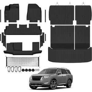 Tongama-Floor Mats for 2022-2026 Nissan Pathfinder 8 Seat with Bench Seats, All Weather TPE Trunk Mat with Backrest Mat & 2nd Row Backrest Mats & Cargo Net & Full Coverage Door Sill Guards Kit