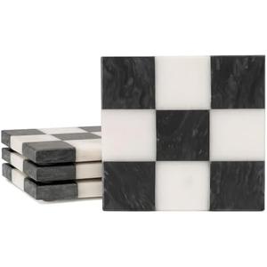 Checkered Marble Coasters – Set of 3 Aesthetic Black and White Stone Drink Coasters for Table, Kitchen Accessories, Checkered Home Decor and Modern Checkered Decor for Home