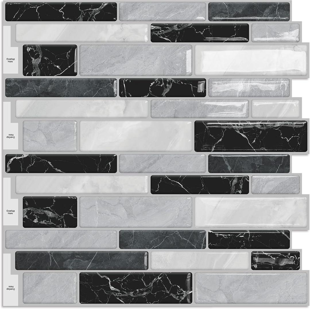 DEWOO Kitchen Backsplash Self Adhesive Wall 3D Marble Tiles Peel and Stick Bathroom, Black Mosaic (10-Sheet, 12"12") (Gray)