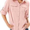 Women's UPF 50 Long Sleeve Sun Protection Shirts Safari Fishing Hiking (Large, Pink)