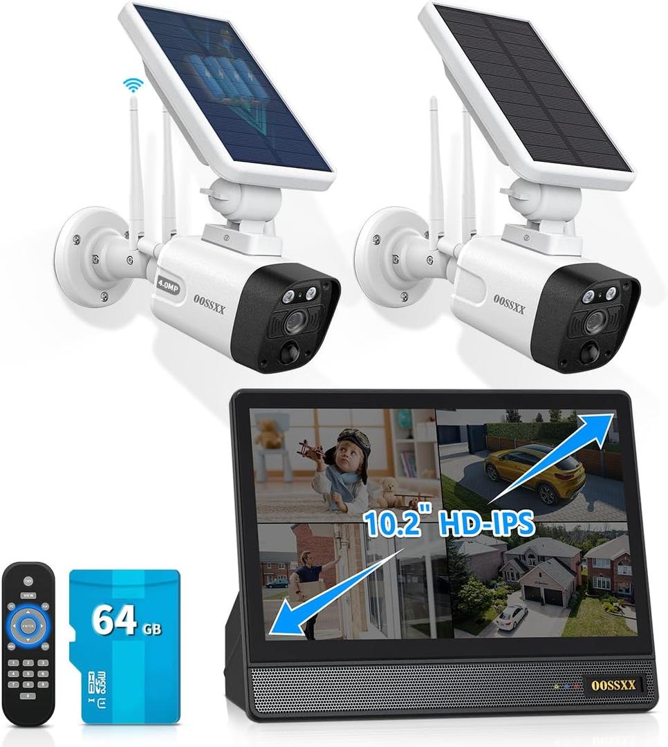 (Solar Battery 100% Wire-Free) PIR Detection 2-Way Audio Dual Antennas Outdoor Security Camera System with Monitor Wireless WiFi Home Security System Indoor Video Surveillance DVR Kits