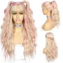 SAPPHIREWIGS Blonde Wig with Bangs Long Loose Wavy Wig Highlight Pink Hair Synthetic Heat Resistant Fiber Hair for Women Daily Party Use 26inch