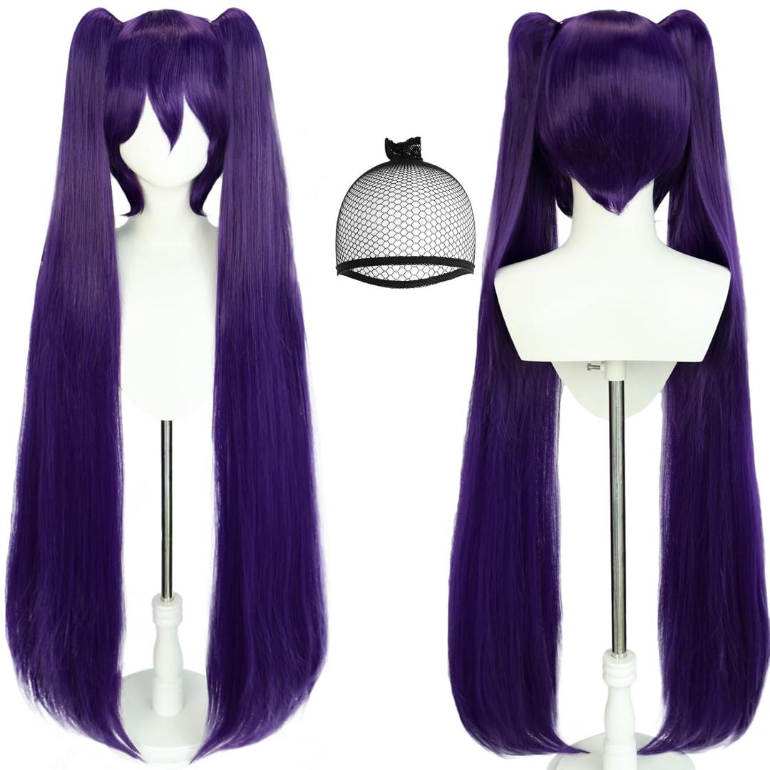 JoneTing Dark Purple Ponytail Wig+ Hair Cap Long Purple Straight Wig with Double Ponytais and Bangs for Women Long Violet Hair for Anime Cosplay Halloween Party Costume Outfit
