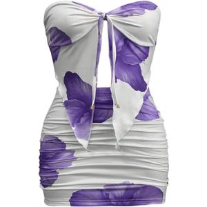 SOLY HUX Women's Summer 2 Piece Mini Skirt Sets Floral Strapless Tube Tops and Bodycon Skirt Vacation Outfits (Large)